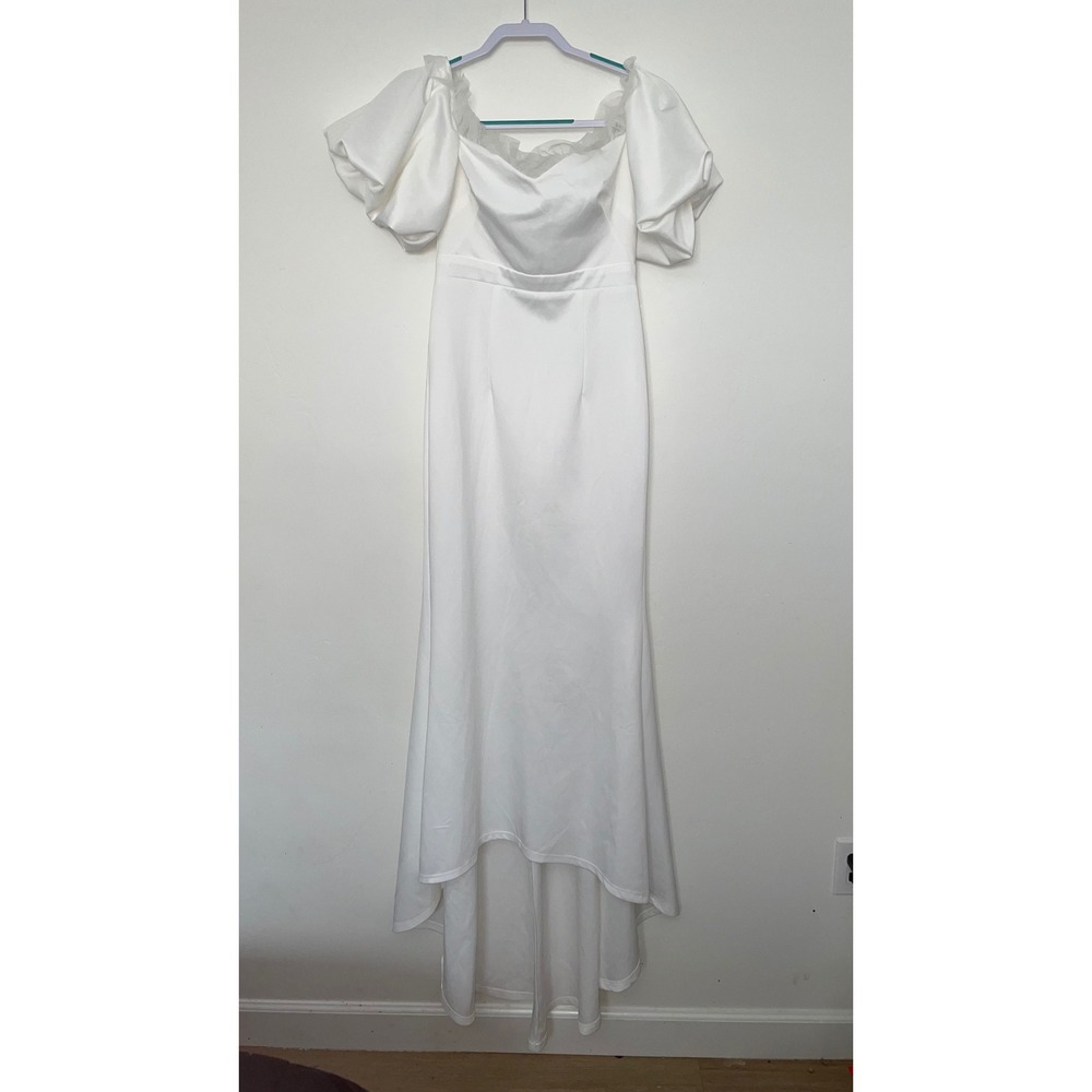White Off the Shoulder Puff Sleeve Mermaid Gown High Low Hem Size Medium